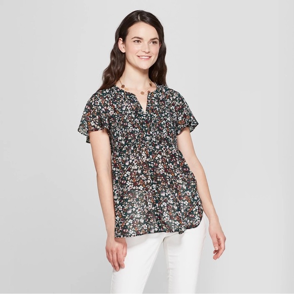Knox Rose Short Sleeve Button Down Blouse Floral Print Size Large Teal Flowy Top - Picture 1 of 7